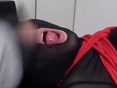 Hard tied up nylon slut is facefucked and jerked on